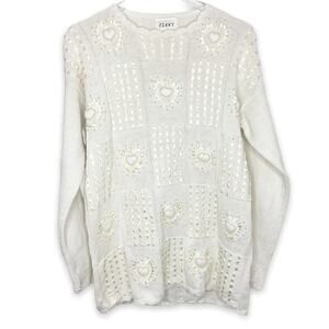 Vintage Jenny Pearl Ribbon Heart Cottagecore Grannycore Pullover Sweater Sz M